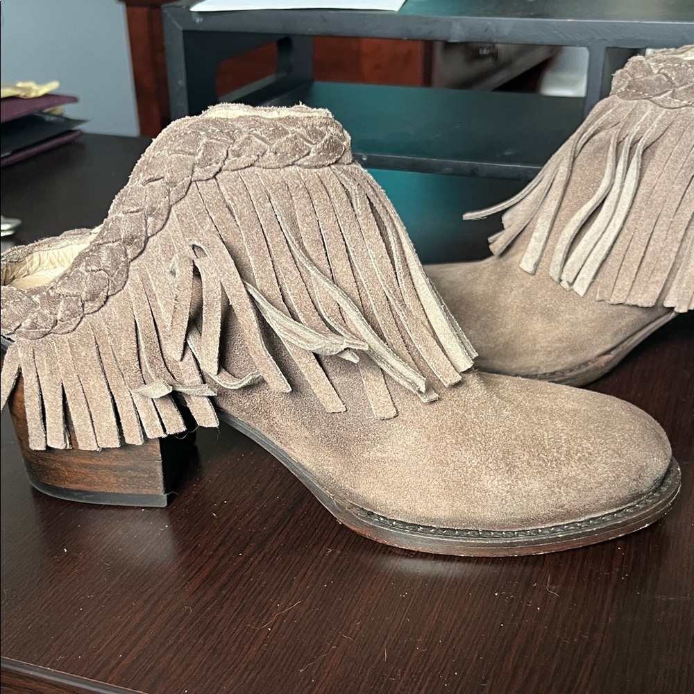 Freebird by Steven Taupe Suede Fringe Mules